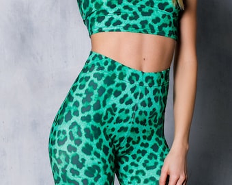 Green Leopard Leggings, leggings for women, leopard print, leopard pants, leopard tights, festival outfit, rave two piece set, high waisted