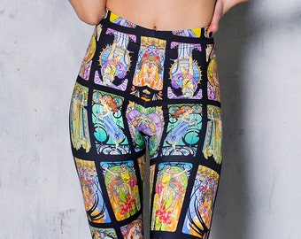 Colorful Tarot Deck Leggings, goth leggings for women, witch clothing, printed women tights, designer leggings, plus size leggings for yoga