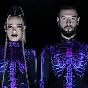 Costume da scheletro viola per uomo, costumi di Halloween per adulti, costume da scheletro per coppia di Halloween, body da scheletro per uomo, costume cosplay per uomo