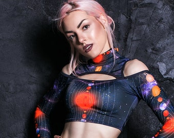 Galaxy Crop Top, festival cold shoulder crop top, futuristic clothing, rave outfit, Burning Man, galaxy women tank top, festival set