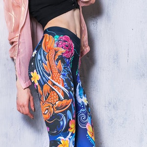 Koi Japanese Leggings, floral high waisted leggings, workout yoga leggings, plus size leggings, kawaii clothing, festival leggings for women