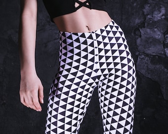 Leggings à carreaux, leggings géométriques, leggings noirs et blancs, leggings de yoga pour femmes, vêtements grunge, leggings de festival, streetwear