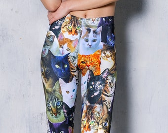 Cat Print Leggings, women leggings with cat heads, plus size leggings, high waisted yoga leggings, cute spandex leggings, animal lover gift