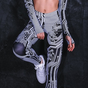 Platine schwarze Leggings für Frauen, Rave Outfit, zwei Stück Leggings Set, Burning Man, Festival Kleidung, Cyber Goth, Sci-Fi, Cyberpunk