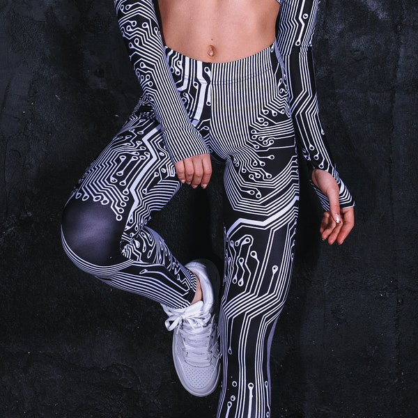 Circuit Board Black Leggings pour femmes, Rave Outfit, Two Piece Leggings Set, Burning Man, vêtements de festival, Cyber Goth, Sci-Fi, Cyberpunk