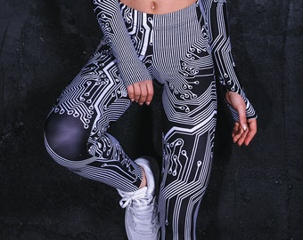 Leggings noirs pour femmes avec circuit imprimé, tenue rave, ensemble de leggings deux pièces, Burning Man, vêtements de festival, cyber goth, science-fiction, cyberpunk