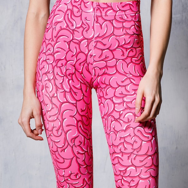 Pink Brain Leggings, vêtements kawaii, leggings kawaii pour femmes, leggings drôles, leggings mignons, leggings en spandex rose avec coupe haute