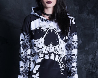 Skull Hoodie for Women, gothic hoodie, gothic clothing, long hoodie womens, hoodie dress, plus size clothing, black hoodie, hooded tunic