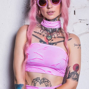 Pink Choker Top, pink crop top with choker, bustier top, printed crop top, women pink crop top, kawaii clothing, festival outfit, rave set