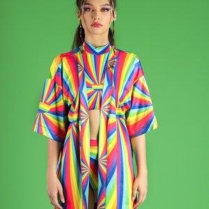 Rainbow Kimono with Hearts, rave kimono, plus size kimono, festival kimono, rainbow rave outfit, pride clothes, rave wear, exotic dance wear