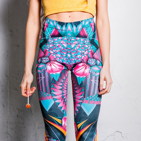 Kawaii Leggings for Women, Psychedelic Leggings with High Rise Fit, Printed Yoga Leggings, Kawaii Clothing, Cute Rave leggings from spandex