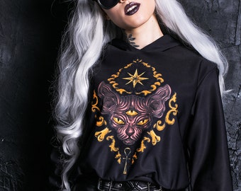 Sudadera corta para mujer, sudadera negra, sudadera gótica para mujer, sudadera gótica, sudadera corta, sudadera con estampado de gato, ropa gótica, ropa gótica pastel