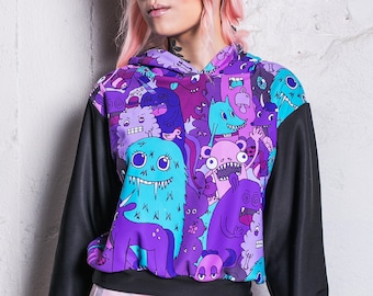 Purple Crop Hoodie, kawaii hoodie, cute hoodie, hoodie for women, pastel goth clothing, rave outfit, anime hoodie, pastel goth hoodie