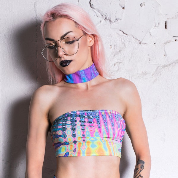 Liquid Tube Choker Top, festival bra top, sexy top, pole wear, festival wear, rave clothing, festival two piece outfit, psychedelic clothing