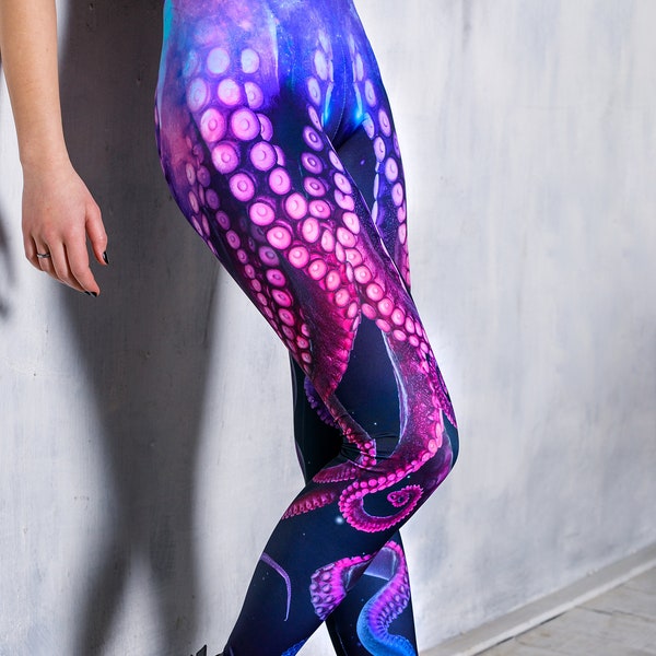 Yoga Leggings with Octopus Print, purple printed leggings, leggings for women, kawaii clothing, plus size leggings, high waisted leggings