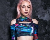 Long Sleeve Crop Top, festival top, bodysuit women, sci fi clothing, aesthetic clothing, rave outfit, blue top with sleeves and thumb hole