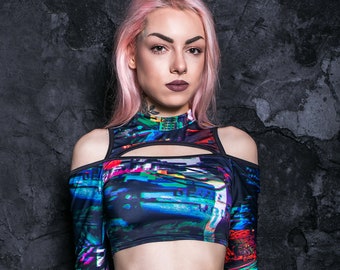 Long Sleeve Crop Top,  festival top, sexy cold shoulder crop top, sci fi clothing, rave outfit, blue top with sleeves and thumb hole