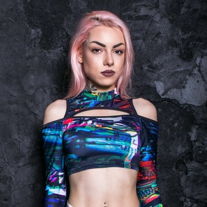 Long Sleeve Crop Top,  festival top, sexy cold shoulder crop top, sci fi clothing, rave outfit, blue top with sleeves and thumb hole