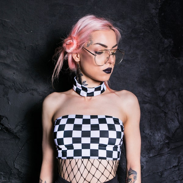 Checkered Boob Tube Top, checker crop top, black and white top, bustier choker top, grunge clothing, rave wear, festival outfit, rave set