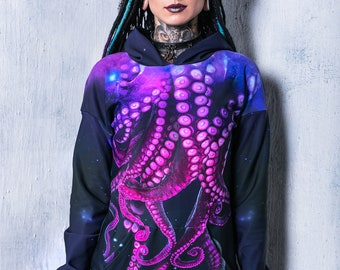 Octopus Hoodie, hoodie dress, long hoodie for women, cool graphic hoodie, kawaii clothing, pastel goth clothing, purple hoodie with tentacle