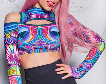 Festival Cut Out Top, festival crop top, long sleeve crop top, kawaii top, pastel goth clothing, rave bodysuit, kawaii clothing, Burning Man