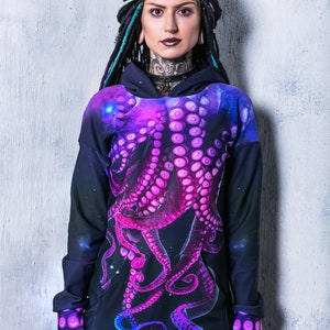 Octopus Hoodie, hoodie dress, long hoodie for women, cool graphic hoodie, kawaii clothing, pastel goth clothing, purple hoodie with tentacle image 1