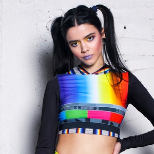 Hoodie Crop Top, Festival TV Hoodie, psychedelic clothing, long sleeve top, rave clothes, rave clothing, rave two piece set, festival outfit image 2