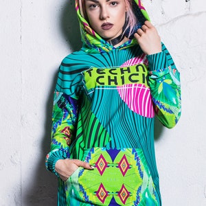 Psychedelic Hoodie for Women, cool graphic hoodie, hoodie dress, long hoodie, festival hoodie, green hoodie, festival clothing image 1