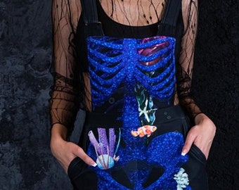 Sea Skeleton Overalls, black overalls with blue skeleton, plus size overalls, skeleton Halloween outfit, printed dungarees women