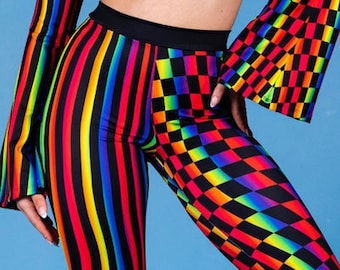 Rainbow Checkered Disco Pants, high rise pants, flare bell bottom pants, festival pride outfit, rainbow rave outfit, two piece pants set