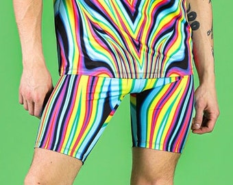 Pantalones cortos de motociclista para rave para hombre, conjunto de pantalones cortos y camiseta sin mangas, atuendo rave, pantalones cortos estampados de cintura alta, pantalones cortos de spandex para festival, atuendo del orgullo