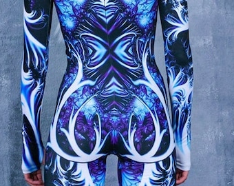Blue Rave Costume, Ice queen Halloween costume for adults, trippy rave catsuit, psychedelic full body bodysuit, blue rave outfit for women