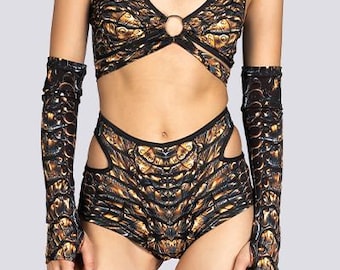 Alligator Cut Out Booty Shorts Set - Animal High Waisted Bottoms for Rave