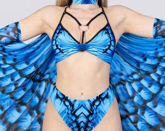 Blue Bikini Rave Top, Fairy Rave Outfit, Strappy Butterfly Top, Co ord Set, Matching Set, Fairycore Clothes, Festival Wear for Women