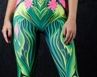 Florale Leggings, süßes Fee-Halloween-Kostüm mit Flügeln - Grüne Leggings Co-ord Set