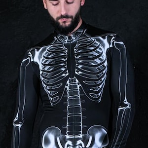 Costume da scheletro nero, costumi di Halloween da uomo, costume da coppia di scheletri, body da scheletro per uomo, costume di Halloween per adulti in un unico pezzo
