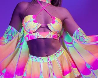 Neon Halter Top, Rave Bikini Top in Yellow & Pink, Butterfly Rave Outfit, Matching Set, Fairycore Clothes, Rave Wear, Festival Clothing