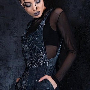 Spider Web Overalls, black adult dungaree, goth dungaree women, gothic clothing, Halloween outfit, witchy clothing, oversized overalls