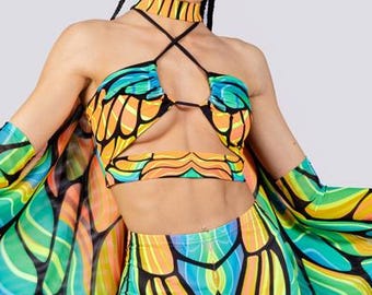 Neon Bikini Rave Top in Green & Orange, Butterfly Rave Top, Co ord Set, Fairy Rave Outfit, Festival Wear, EDM Clothing, Fairycore Outfits