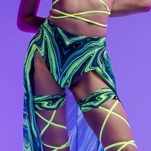 Green Rave Outfit, UV Reflective Maxi Skirt, Party Outfit, Sheer Open Front Skirt, Festival 2 Piece Skirt Set, Rave Skirt Set, Rave Wear