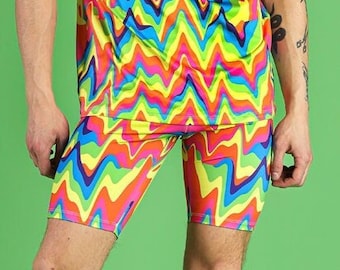 Shorts de ciclista arcoíris para hombre, shorts por encima de la rodilla, conjuntos rave arcoíris, pantalones de licra de cintura alta, conjunto rave de 2 piezas, ropa de orgullo
