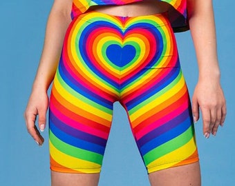 Pride Biker Shorts, rainbow shorts for women, pride outfit, rave outfit, spandex shorts, LGBTQ,  knee length leggings, festival clothing