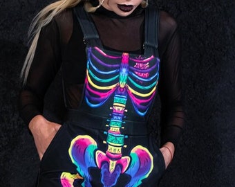 Rainbow Skeleton Overalls, skeleton dungaree with bones, Halloween outfit for women, plus size overalls, pastel goth clothing, kawaii