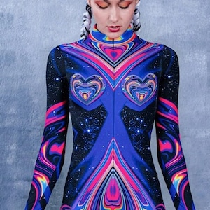 Festival Costume with Front Zip , spandex bodysuit costume, rave catsuit, rave costume for women, aerial costume, EDM festival clothing