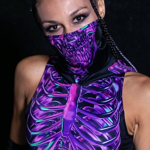 Skeleton Crop Tops for Women, hooded crop top, rave cropped top, Halloween rave outfits, rave wear, rave 2 piece set, festival clothing