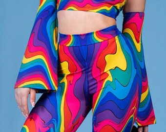 Rainbow Flare Pants, high waisted disco pants, colorful flare leggings, pride outfit, pride clothing, rave outfit for women, rave clothing