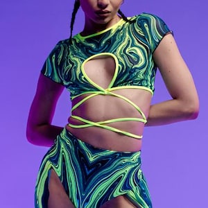 Neon Rave Outfit, UV Reactive Crop Top, Neon Wrap Crop Top, Rave Mesh Top, Festival Crop Top Set, 2 Piece Set, Rave Clothing, Festival Wear