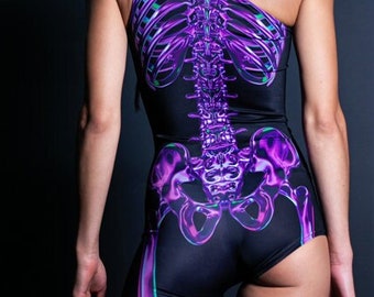 Purple Skeleton Costume, One Leg Jumpsuit, Halloween Costume Womens, Adult Halloween Costume, Skeleton Bodysuit with One Shoulder