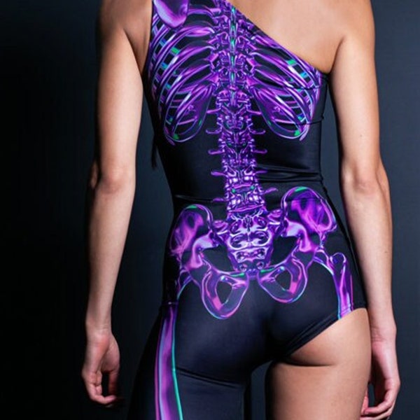 Purple Skeleton Costume, One Leg Jumpsuit, Halloween Costume Womens, Adult Halloween Costume, Skeleton Bodysuit with One Shoulder