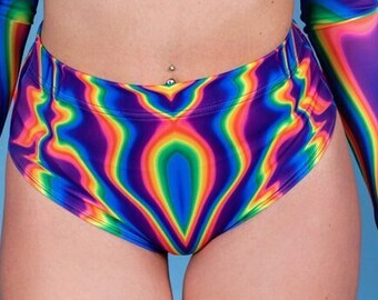 Sexy booty shorts, rave booty shorts, regenboog hoog uitgesneden shorts, hoog getailleerde shorts met print, bijpassende set shorts, rave outfit dames